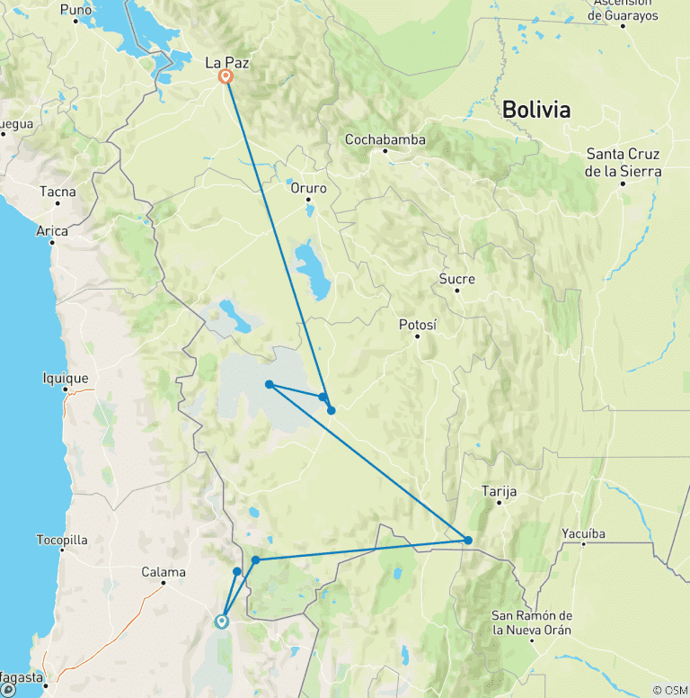 Map of Overland San Pedro de Atacama to Uyuni end in La Paz (7 Days)