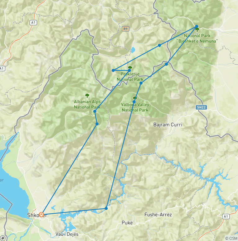 Map of Peaks of the Balkans - Hiking Beyond Borders in Albania, Kosvovo & Montenegro (12 Days)