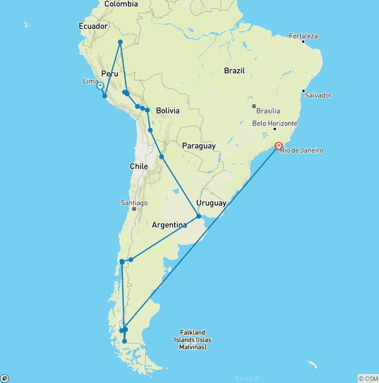 Map of 35 days in South America: Perú, Bolivia, Argentina, Chile & Brazil