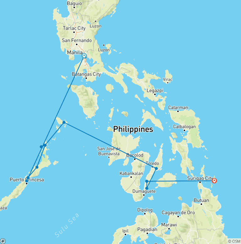 Map of 16 Days Philippines Discovery with Siargao (Independent Tour)