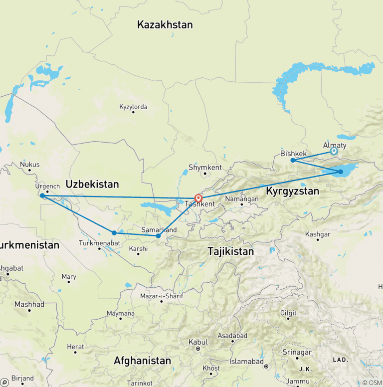Map of Central Asia 14 days tour