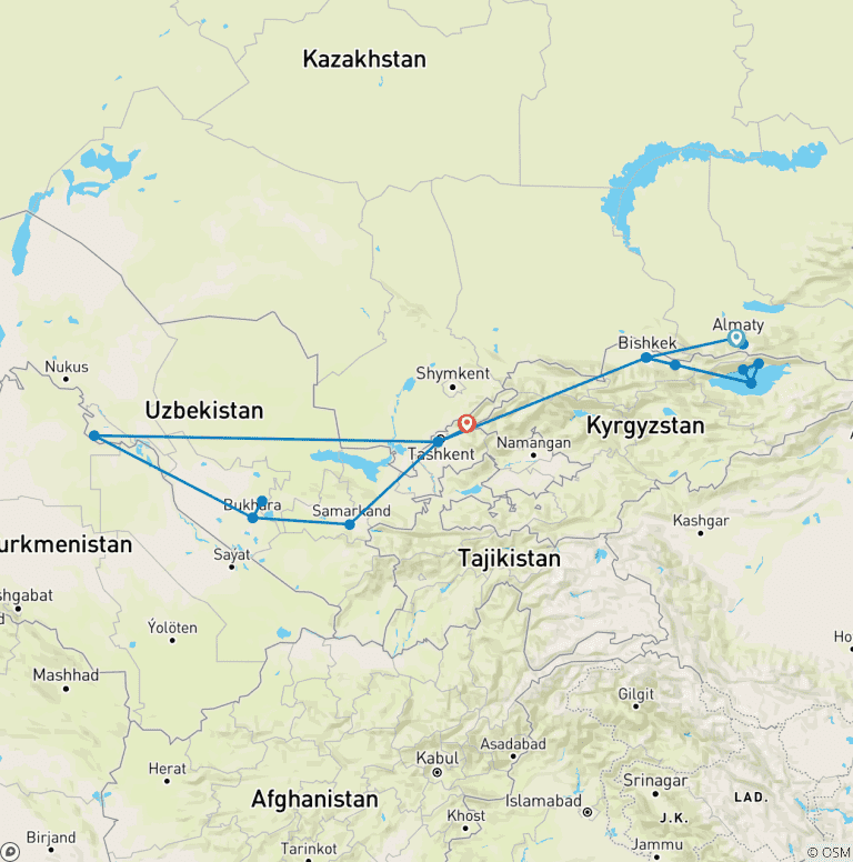 Map of Central Asia 14 days tour