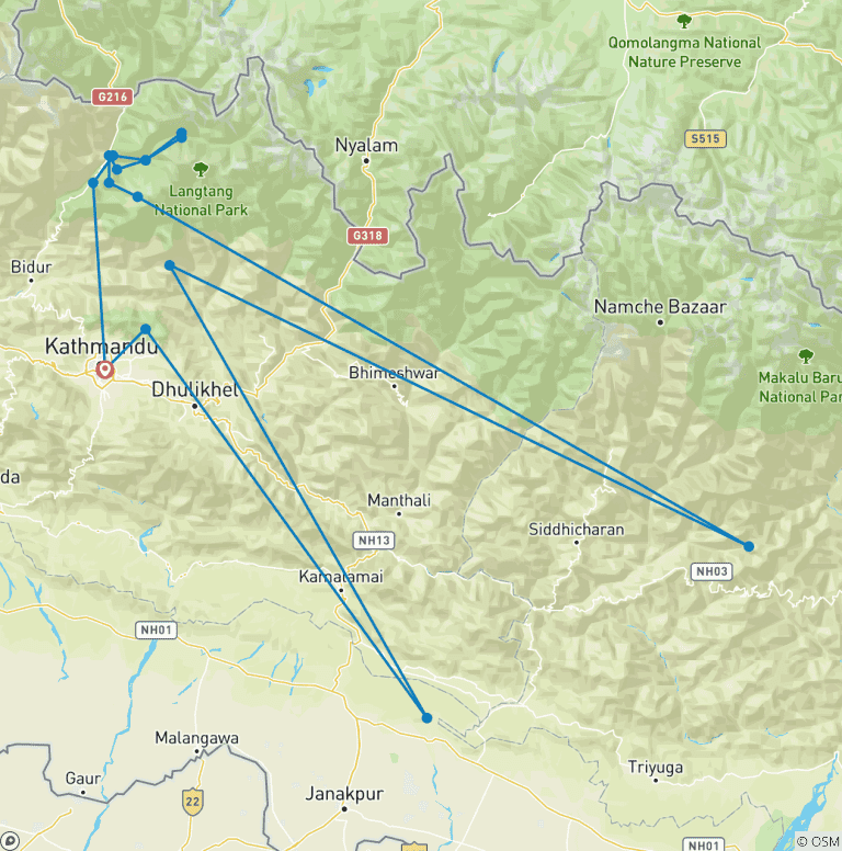 Map of 14 days Langtang Circuit Trek