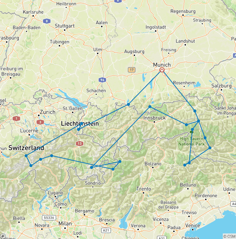 Map of 5-Country Grand Alpine Summer Tour in a Porsche: Pre-set sat-nav guided
