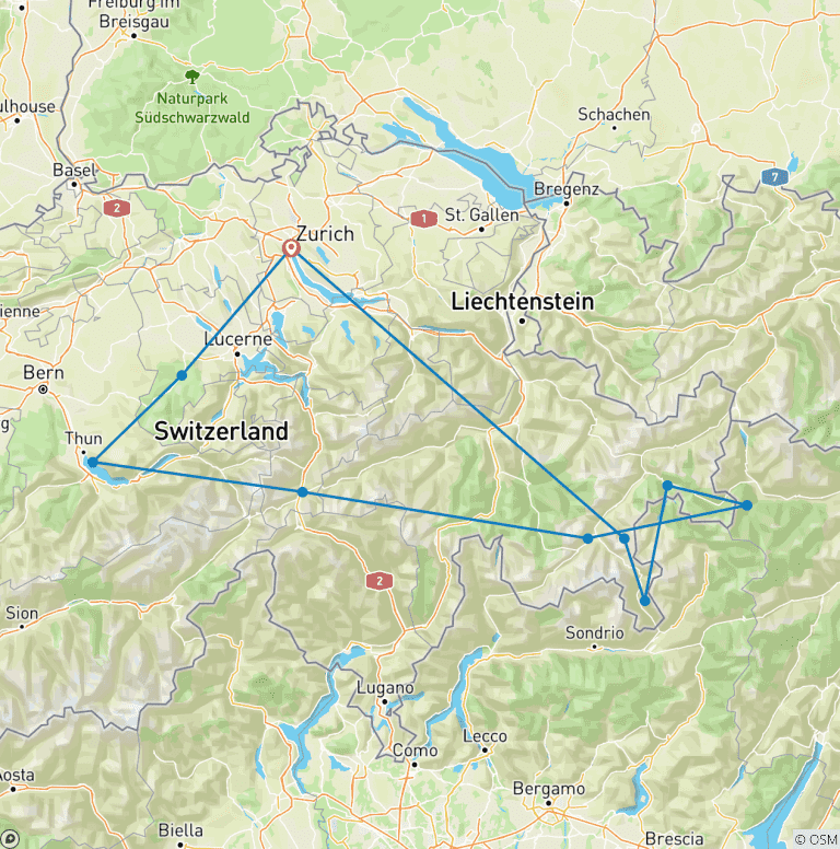 Map of Swiss Alps Mountain Passes Driving Tour & Stelvio (Italy): Pre-set sat-nav guided