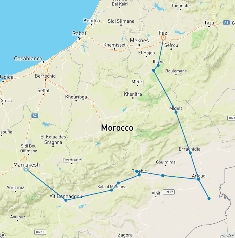 Map of Marrakech Sahara Desert Excursions: Marrakech to Fes