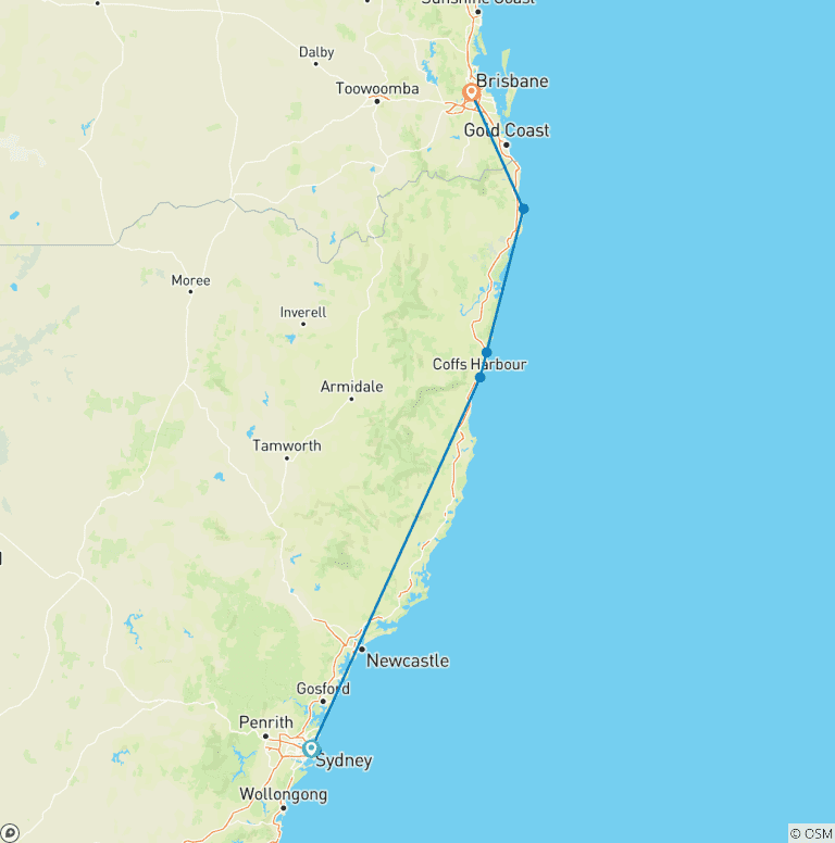 Map of Sydney to Brisbane Experience: Bushwalks & Surfing