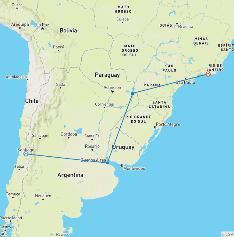 Map of 13-Day Journey from the Pacific to the Atlantic : Explore Chile, Argentina, and Brazil!