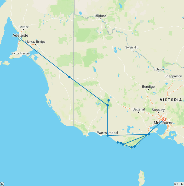 Map of Adelaide to Melbourne 3 Day Overland Tour via Grampians and Great Ocean Road