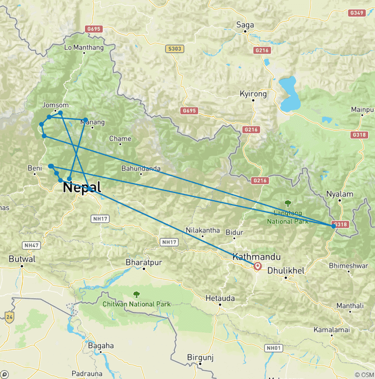 Map of Dhampus Peak Climbing 20 Days 19 Night
