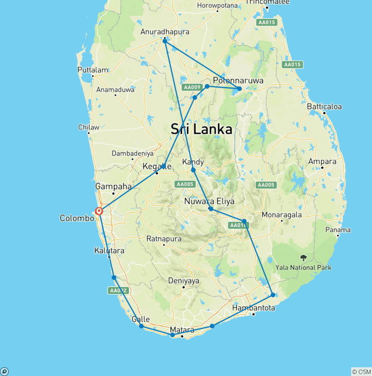 Map of Sri Lanka All island Classic Tour