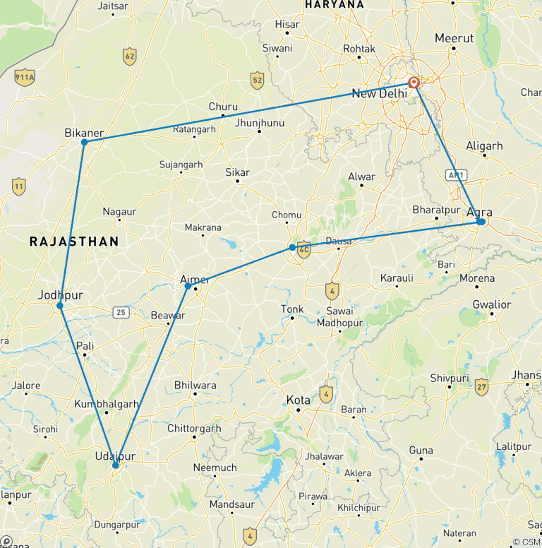 Map of North India Classic 14 Day - One Life Adventures
