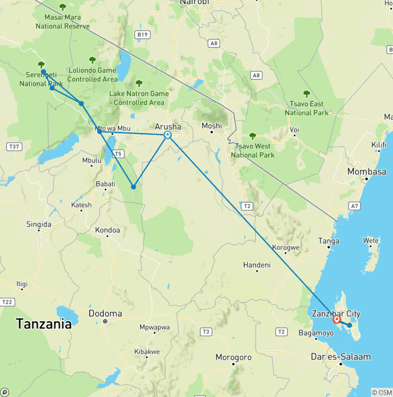 Map of 7 -Day Tanzania Safari and Zanzibar Beach Holiday