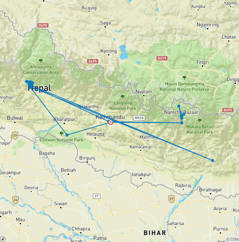 Map of 19 Days -Everest, Annapurna & Chitwan - The Best of Nepal