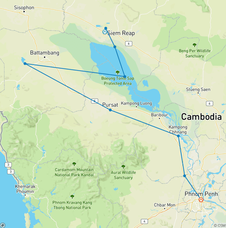 Map of Cambodia 7 Days Tour from Siem Reap to Battambang and Phnom Penh