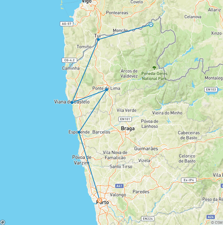 Map of North and Minho of Portugal Bike tour