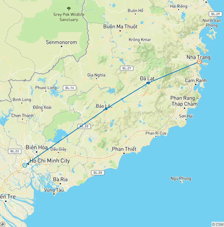 Map of Central Highlands Bike Tour 3 Days/3 Nights