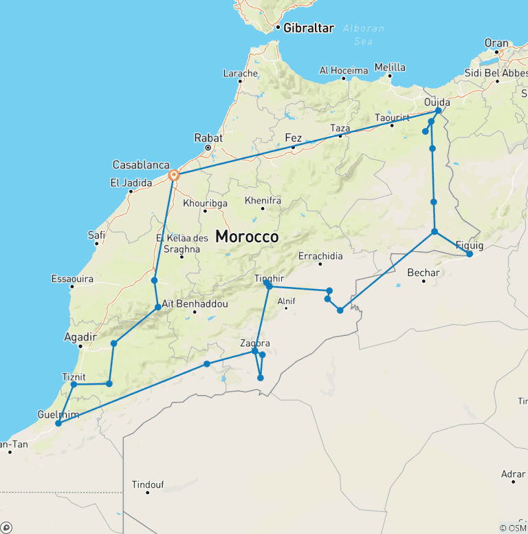 Map of Morocco Mountains, Steppes And Desert Absolute Tour