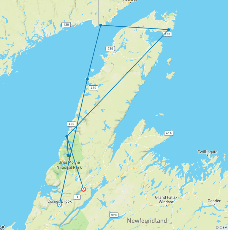 Map of Newfoundland & Labrador's Viking Trail from Corner Brook