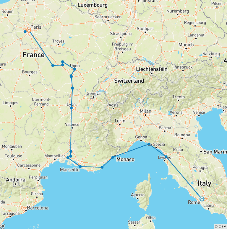 Map of From Italy to France end Paris
