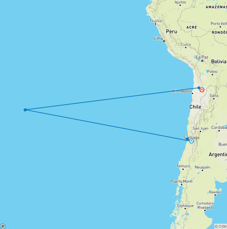 Map of Chile: Santiago de Chile - Easter Island - Atacama Desert. Millenarian Cultures - 10 days