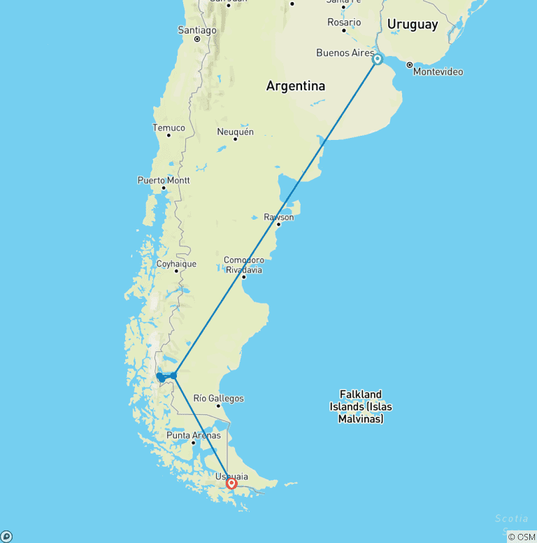 Map of Argentina - Buenos Aires, Calafate and Ushuaia - 10 days