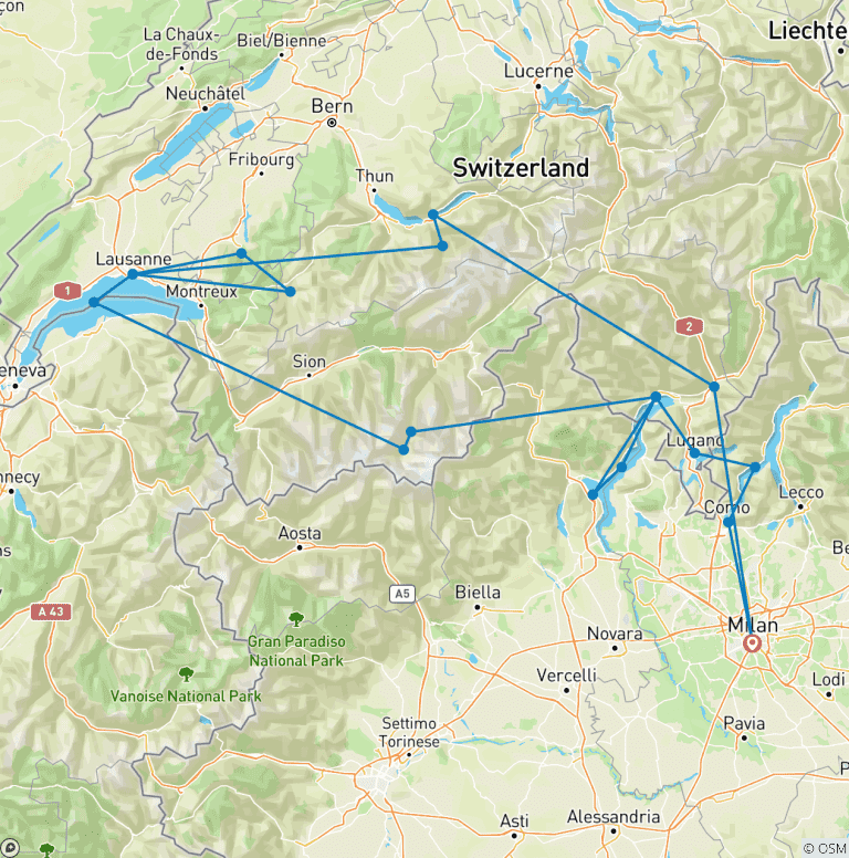 Map of 6-Day The Italian Lakes & Swiss Alps Explorer Small-Group Tour from Milan