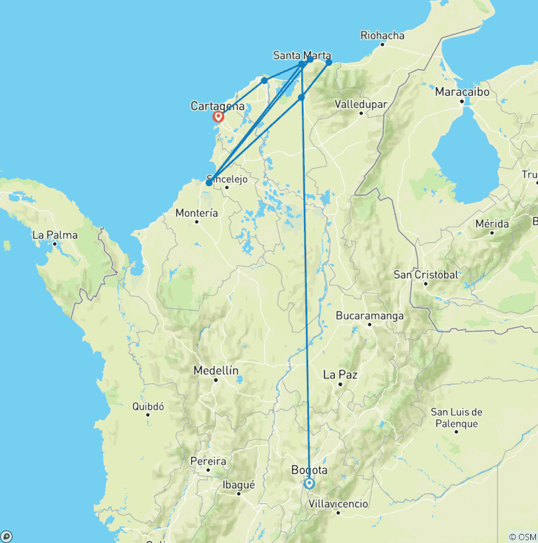 Map of Colombia's Lost City Trek & Cartagena 8 Day Tour