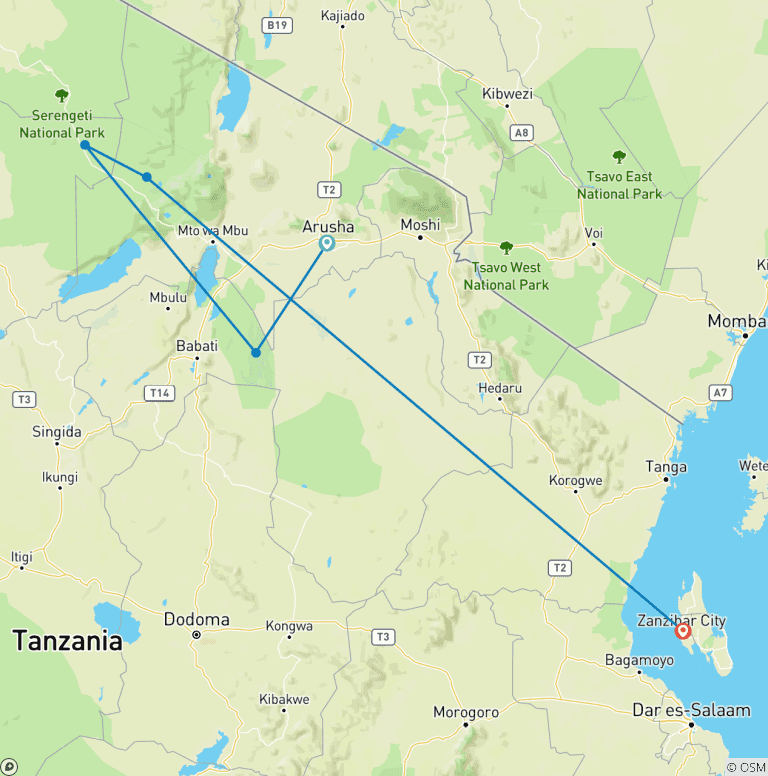 Map of 10-Day Private Budget Safari and Zanzibar Holiday