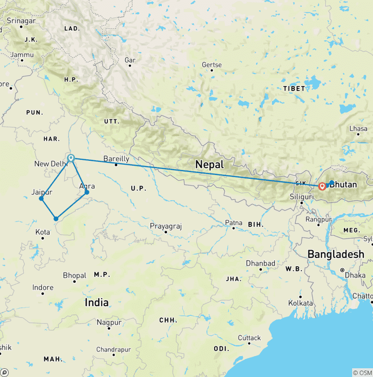 Map of Majestic India & Bhutan Tour