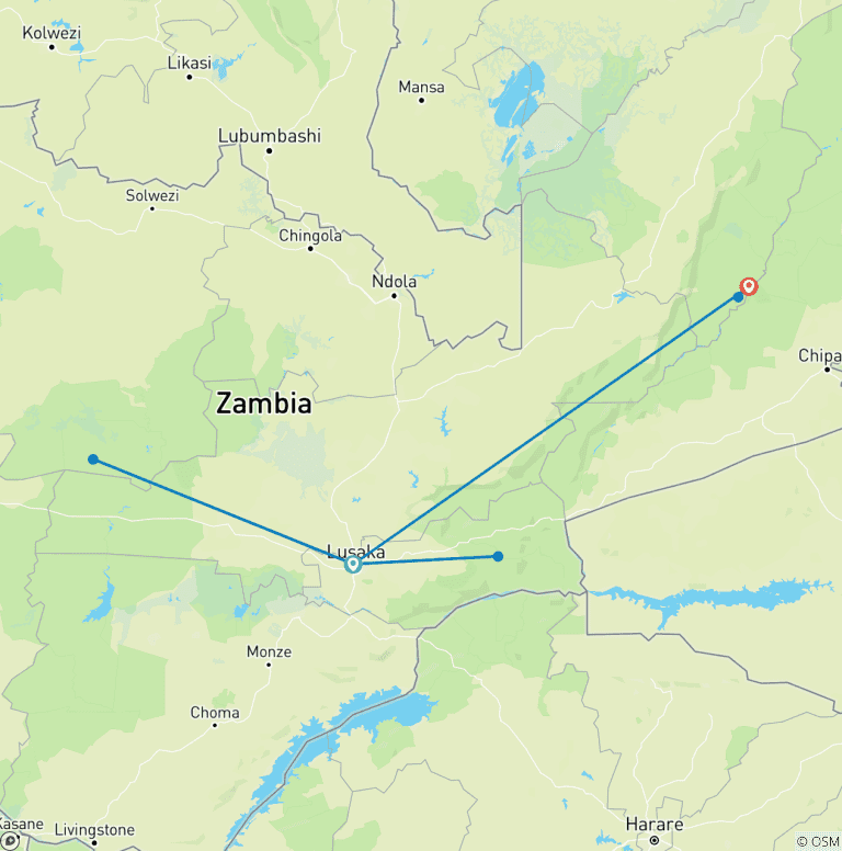 Map of Nyati BIG-5 Classic “Best of Zambia” Safari Experience: Lower Zambezi, Kafue (Busanga Plains) and South Luangwa National Parks – 11 days