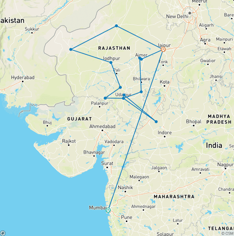 Map of Rajasthan Tour with Mumbai - 14 Days