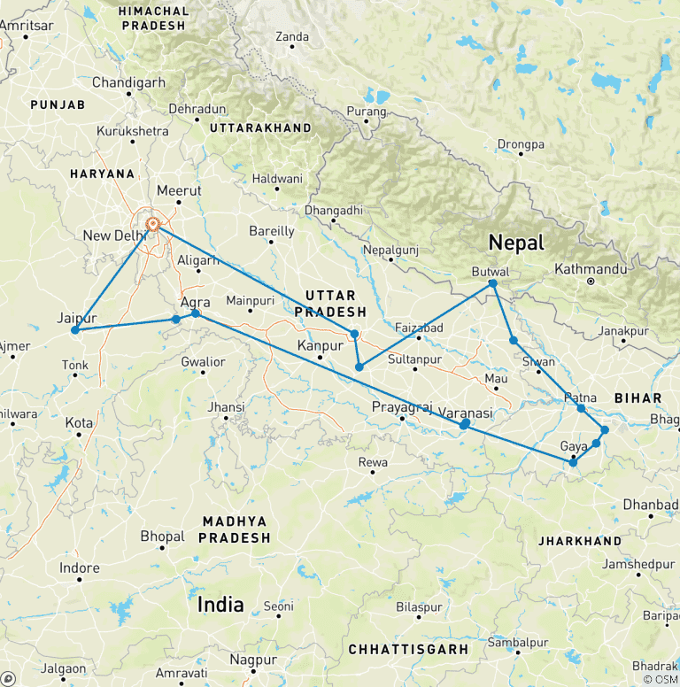Map of India Yoga Tour with Taj Mahal (14 destinations)