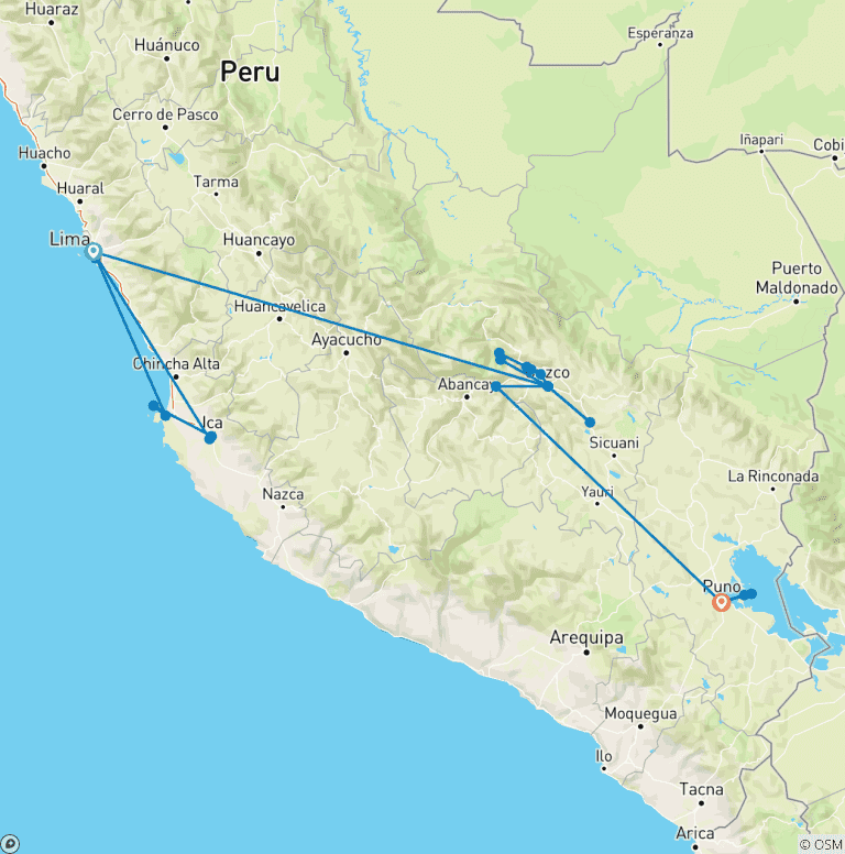 Map of Peru Express - 10 Days (Lima - Cusco - Machu Picchu & Puno) With Domestic Flights