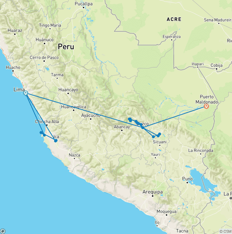 Map of Peru Jewels - 10 Days (Lima - Cusco & Puerto Maldonado)
