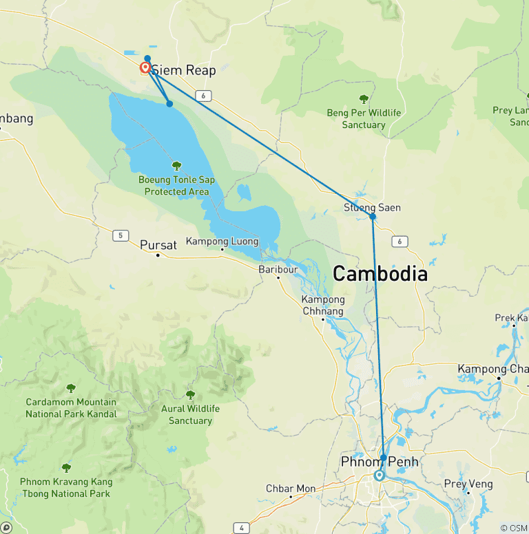 Map of Cambodia Bike Tour: Phnom Penh to Angkor Wat
