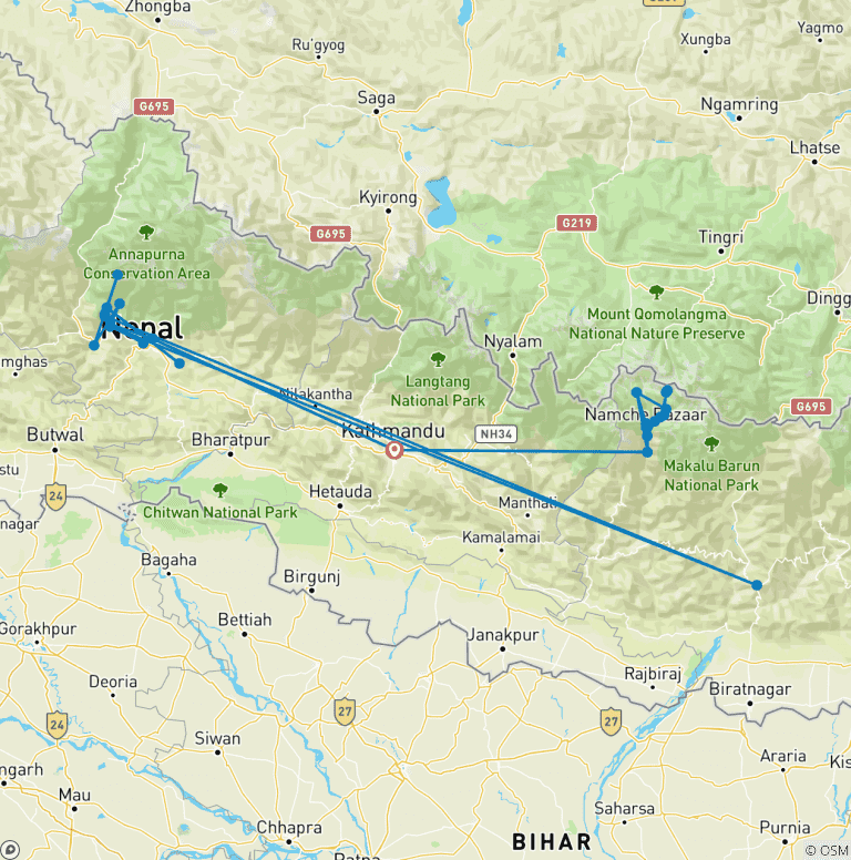 Map of Everest and Annapurna Base Camp Trek
