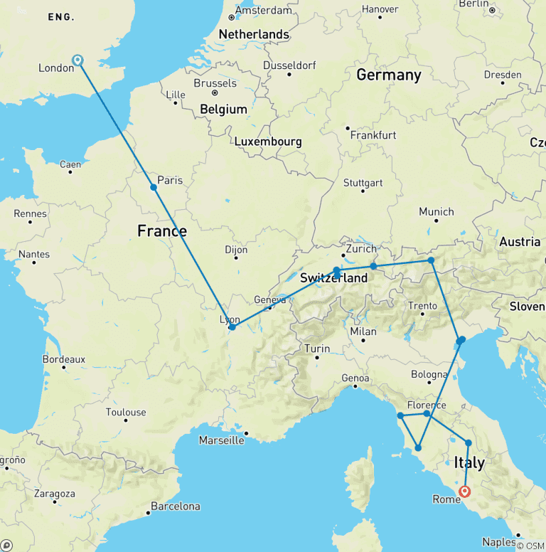 Map of Road to Rome (Classic, Summer, Start London, 13 Days)