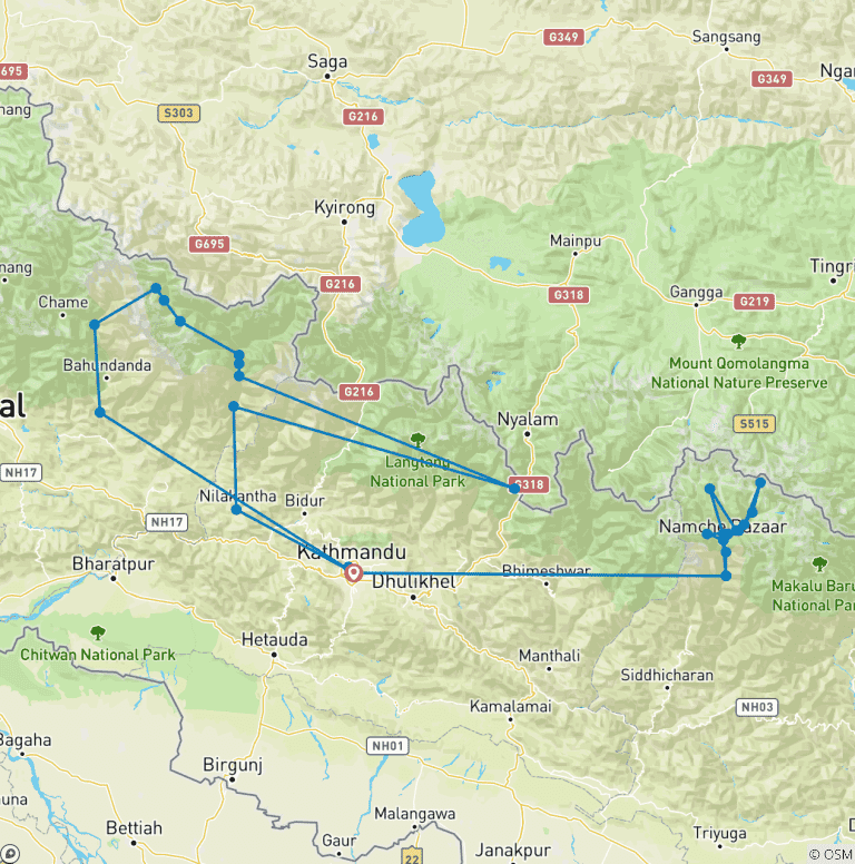 Map of Everest Base Camp and Manaslu Circuit Trek