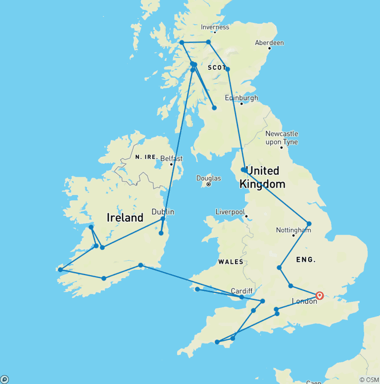 Map of Romantic Britain & Ireland (Small Groups, Summer, 20 Days)