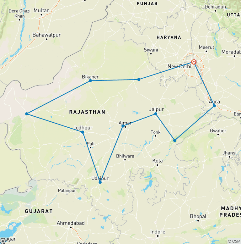 Map of Private 16 Day Golden Triangle with Royal Rajasthan tour by car From New Delhi