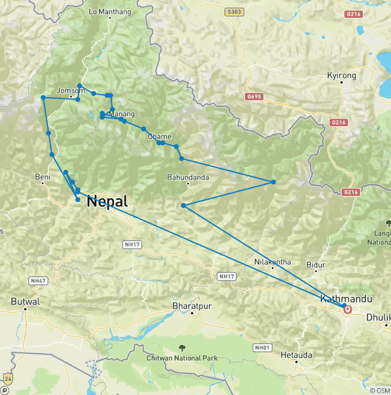 Map of Annapurna Circuit And Tilicho Lake Trek