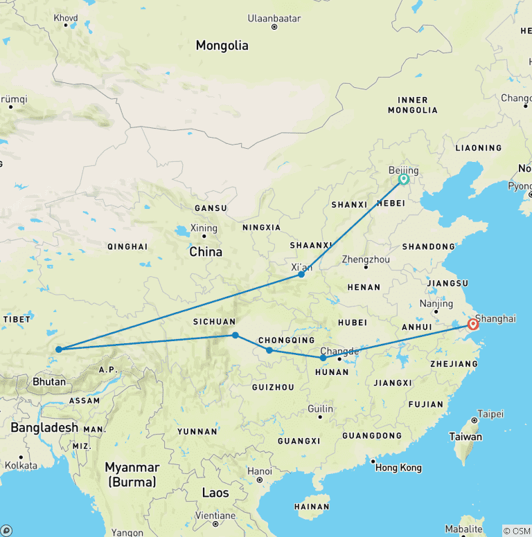 Map of Private Impression Tour 14D: Beijing, Xian, Lhasa, Chengdu, Chongqing, Zhangjiajie, Shanghai