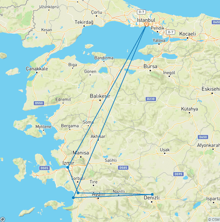 Map of 7 Days Istanbul, Ephesus and Pamukkale Tour (Included museum entrance fees)