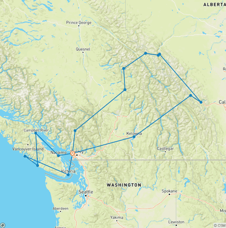 Map of Western Canada & Vancouver Island Premium Tour