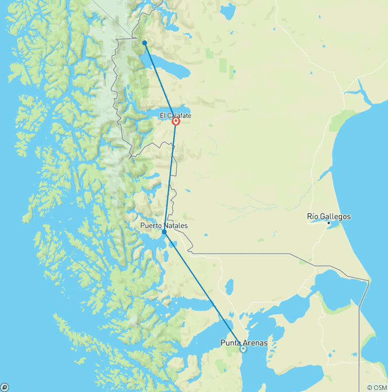 Map of 9 Days Trekking to Discover the best of Torres del Paine & El Chalten, with a visit to Moreno Glacier @ El Calafate