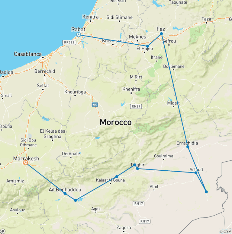 Map of Imperial Cities & the Sahara Tour