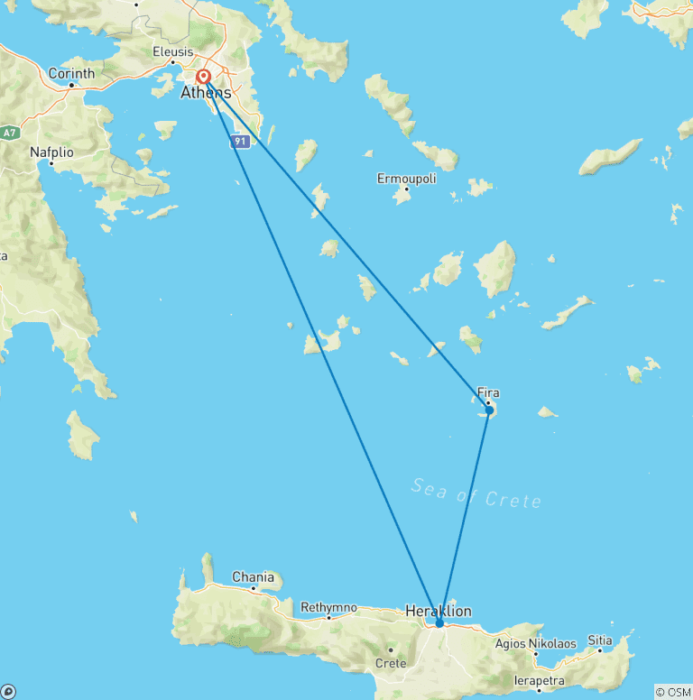 Map of 3-Day Tour: Santorini & Crete – Knossos & Oia Sunset