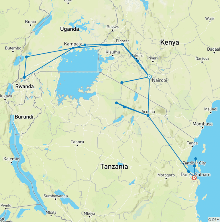 Map of 28-day Game Parks, Gorillas & Zanzibar (Camping)