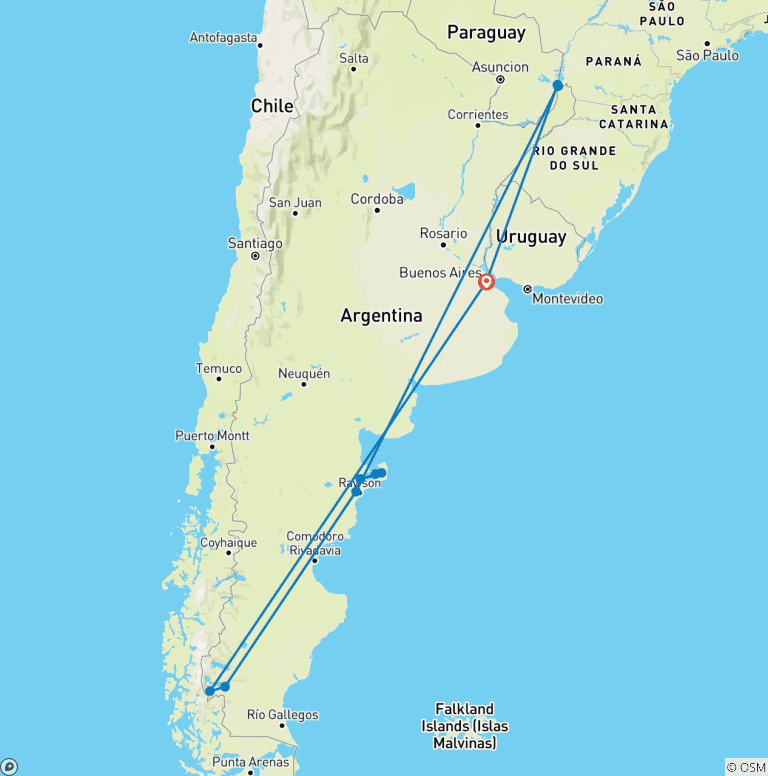 Map of 10-Day Argentina, Iguazu & Patagonia Tour From Buenos Aires